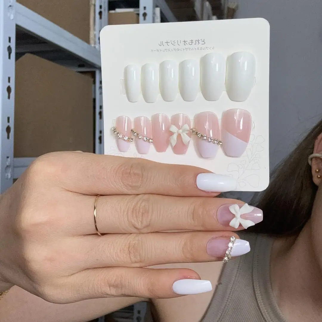 24Pcs/Box White Bow Long Balet Press on Nails Art Full Cover Acrylic Cute French Fake Nais Set Removable ABS False Nails Tips