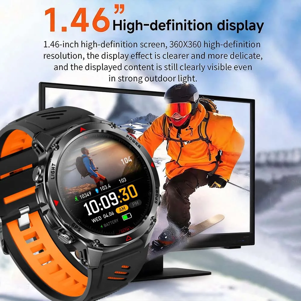 New 1.46 Inch HD Military GPS Smart Watch Waterproof Dual-band GNSS Compass Altimeter Swim 170 Sports Mode Watch With Flashlight