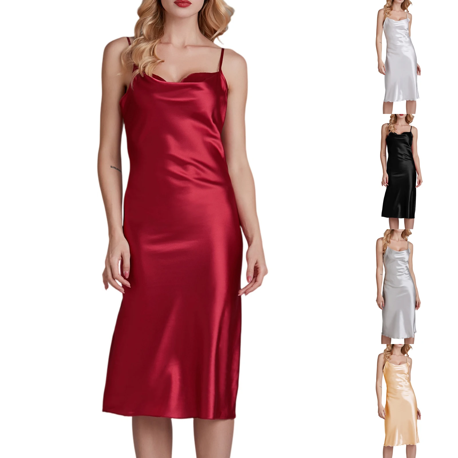 Ladies' Satin Nightgown Suspender Ice Silk Elegant Solid Color Thin Home Outfit New Sleepwear V Neck Home Dressing Gown