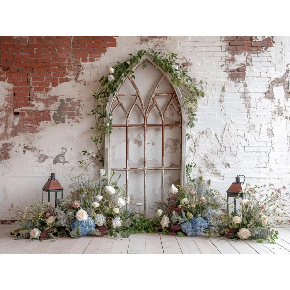 Mehofond Spring Backdrop Rustic Brick Wall Floral Window Wedding Maternity Background for Photography Photo Studio Photocall