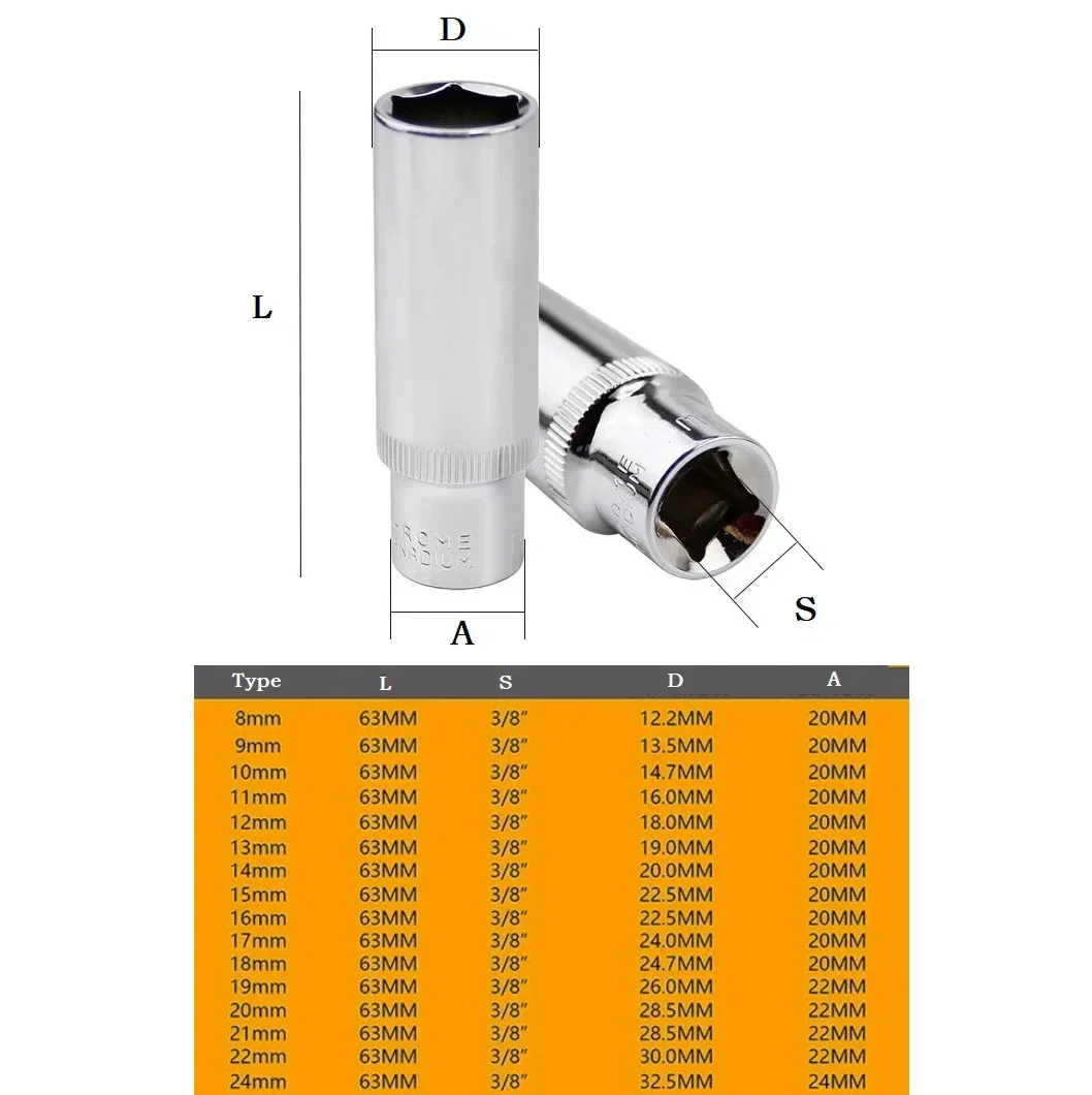 1PC 3/8 cala głęboki adapter nasadowy średni Fly sześciokątny długi klucz nasadowy głowice stal chromowo-wanadowa klucz grzechotkowy Adapter 8-24mm