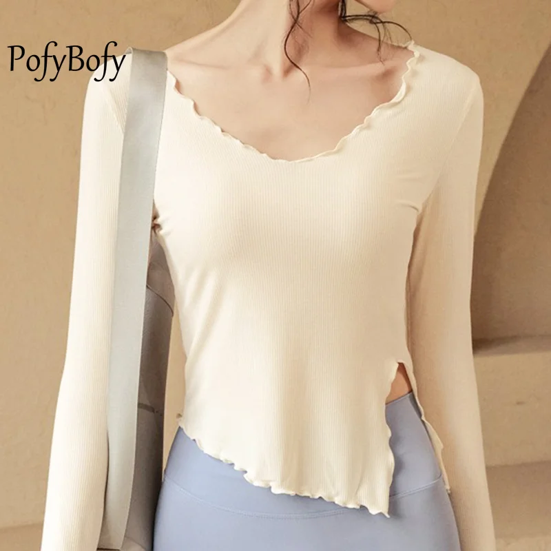 

PofyBofy Irregular Edge Tie Rope Side Split Elastic Slim Fit Short Sleeve Women T-shirt Fitness Yoga Running Pilates Blouse Tops