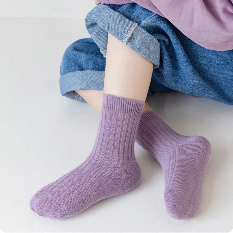 1-12T Children'S Socks Set 5 Pairs Solid Color Double Needle Cotton Kids Mid-Tube Socks Candy Color Boys And Girls Student Socks