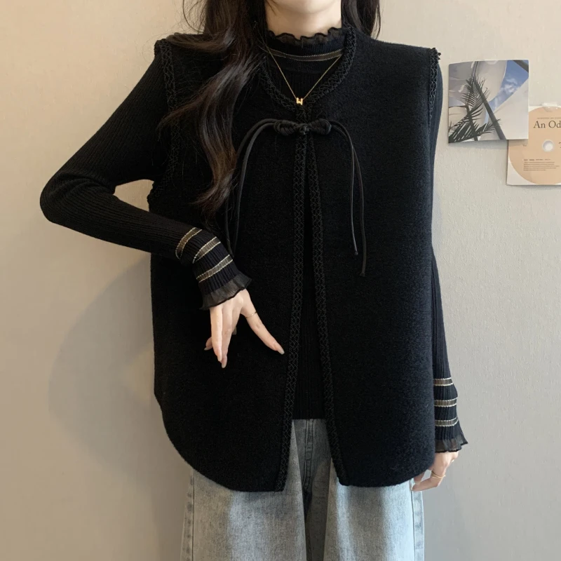 

Faionable Knitted Base Layer Vest Top Set plus Size Women's Clothing Commute Sle round Ne Regular Length Pure Color