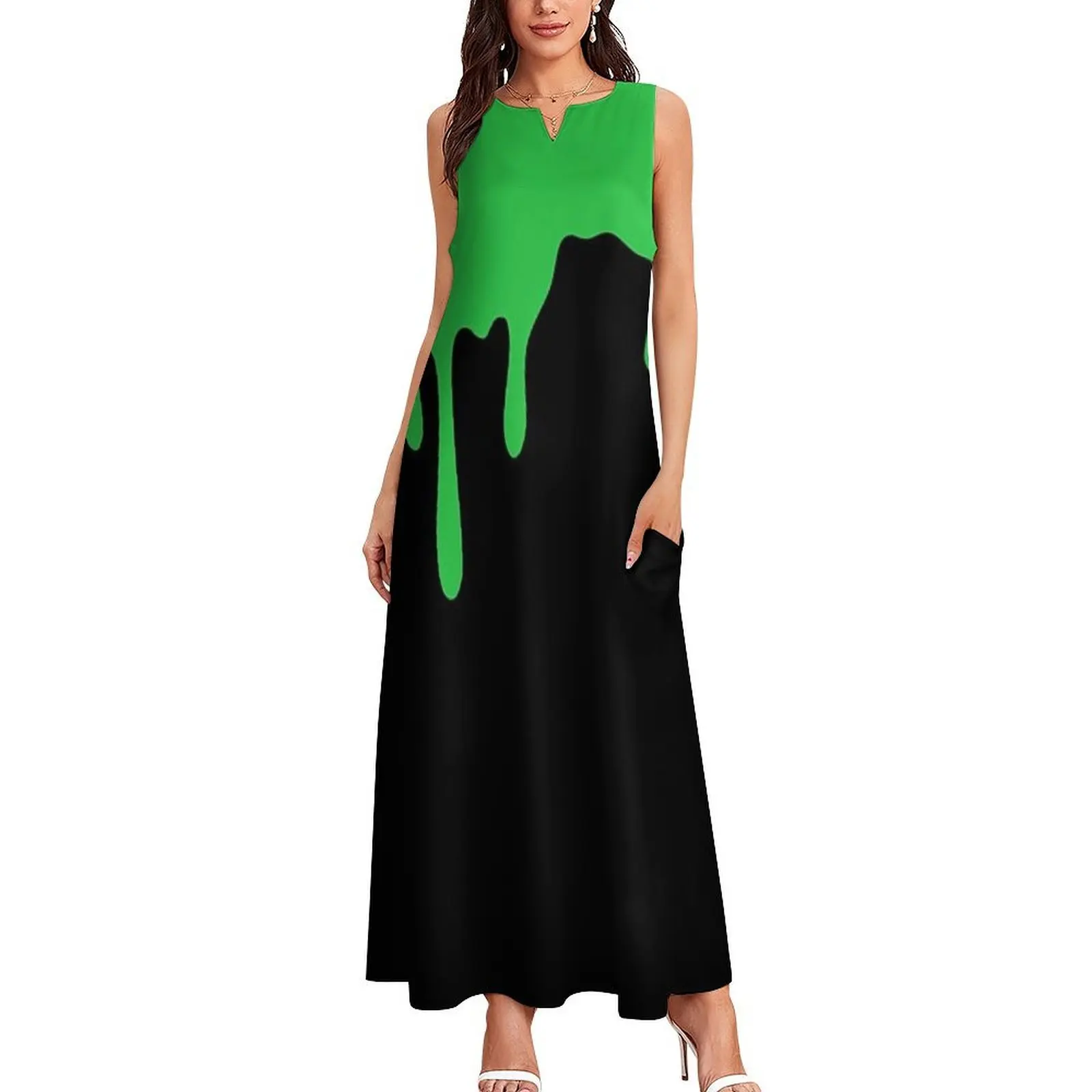 Vestido largo verde Slime, ropa de mujer, vestido bonito y elegante de Corea, ropa