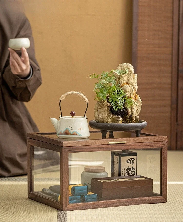 

Walnut solid wood figure storage box household living room dust display cabinet tea set rack purple clay pot storage cabinet