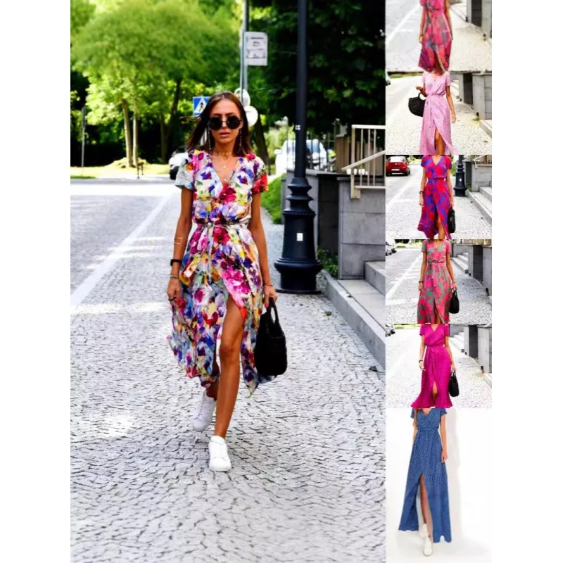 

Printed Summer DressVCollar Split Mid-Length Group Women's Clothing