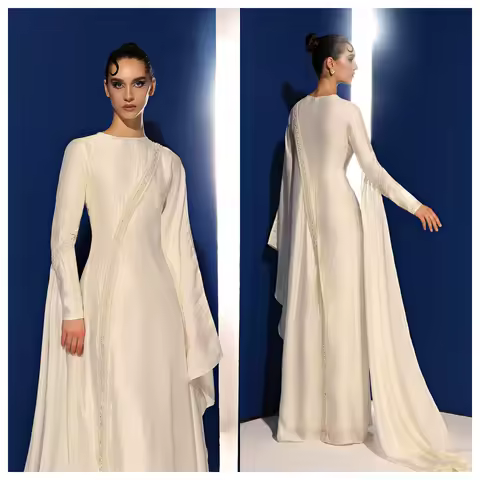 Customized Customized Temperament White Chiffon Evening Dress O-Neck Long Sleeves Bespoke Occasion Gowns Beading Exquisite Brid