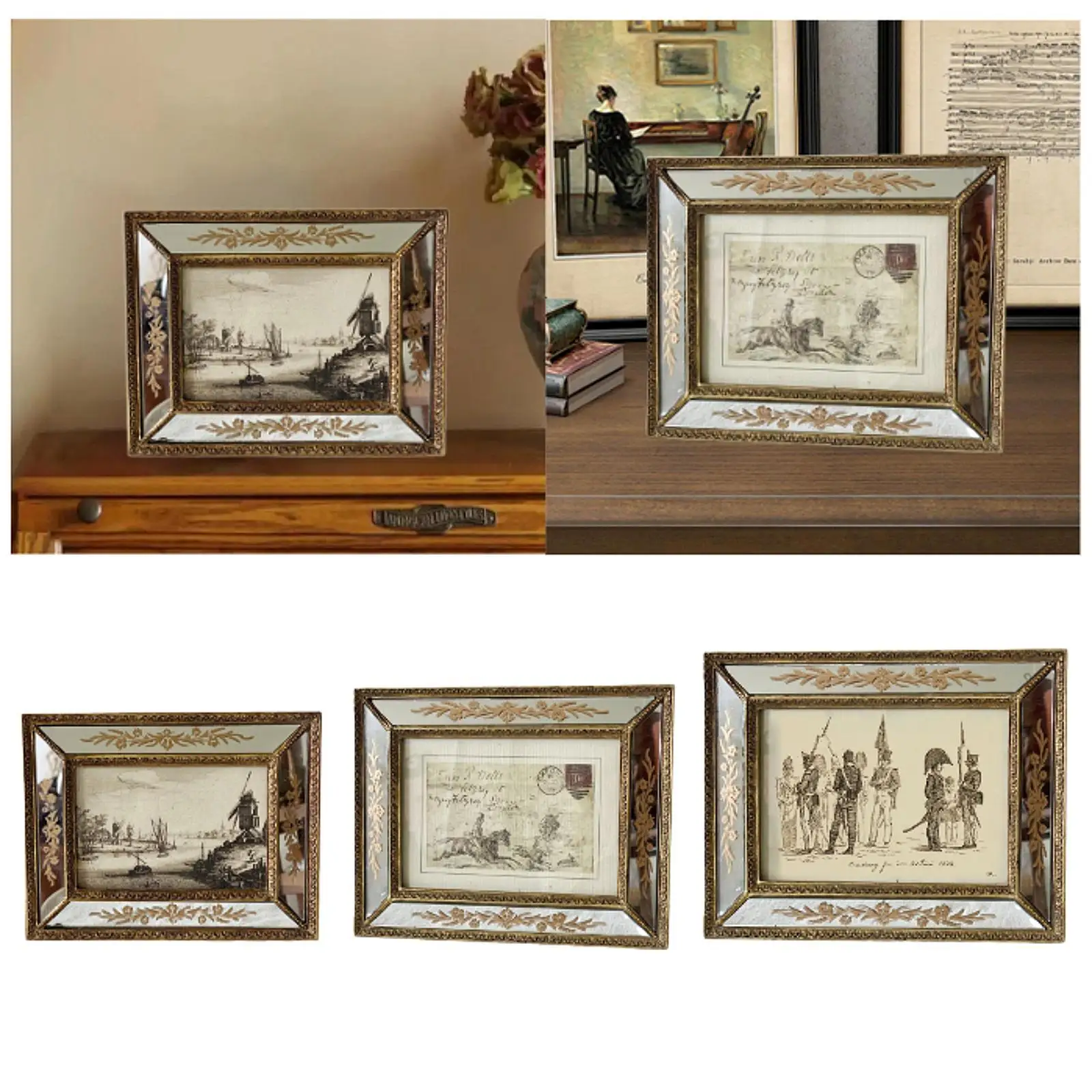 Украшенная фоторамка Настольный дисплей Зеркальное настенное крепление Роскошное настенное искусство Деревенский орнамент Домашний декор Антикварный держатель в стиле ретро