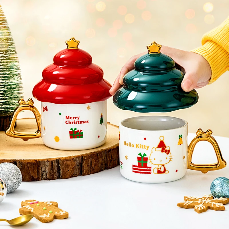For Sanrio Hello Kitty Mugs Creative Christmas Tree Shape Ceramic Mug with Lid Household Milk Coffee Water Cups for Girl Gifts