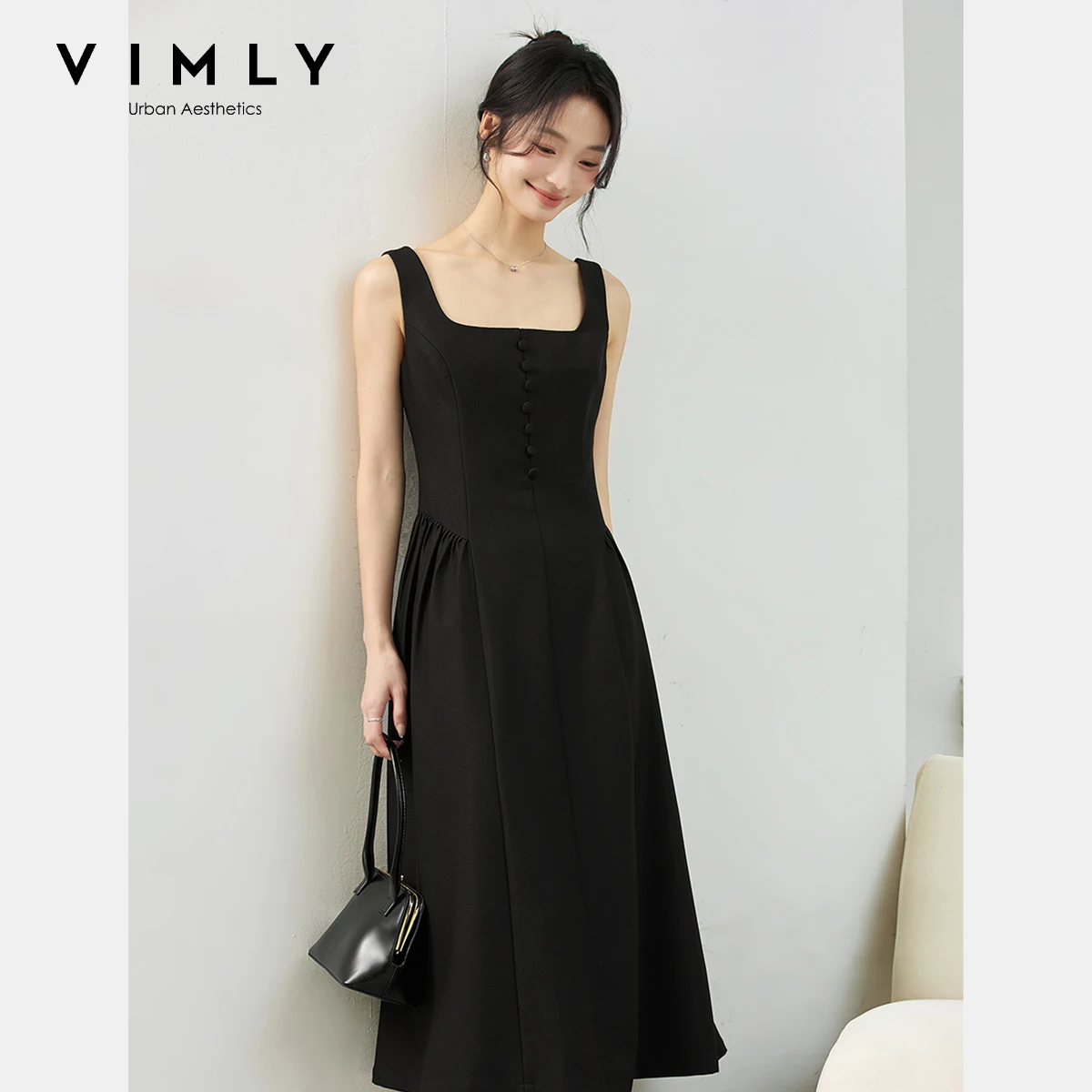 VIMLY Black French Square Neck Suspender Dress 2025 Woman Autumn Sleeveless Waist Vest Buttons Waist Long Ladies Dress A1709
