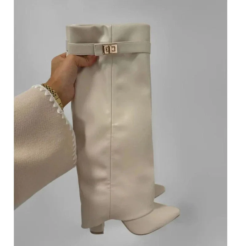 2025Autumn and Winter New Pointed Metal Buckle Knee High Women's Boots, Thick High-heeled Pants Boots, Fashionable Mid Leg Boots image 5