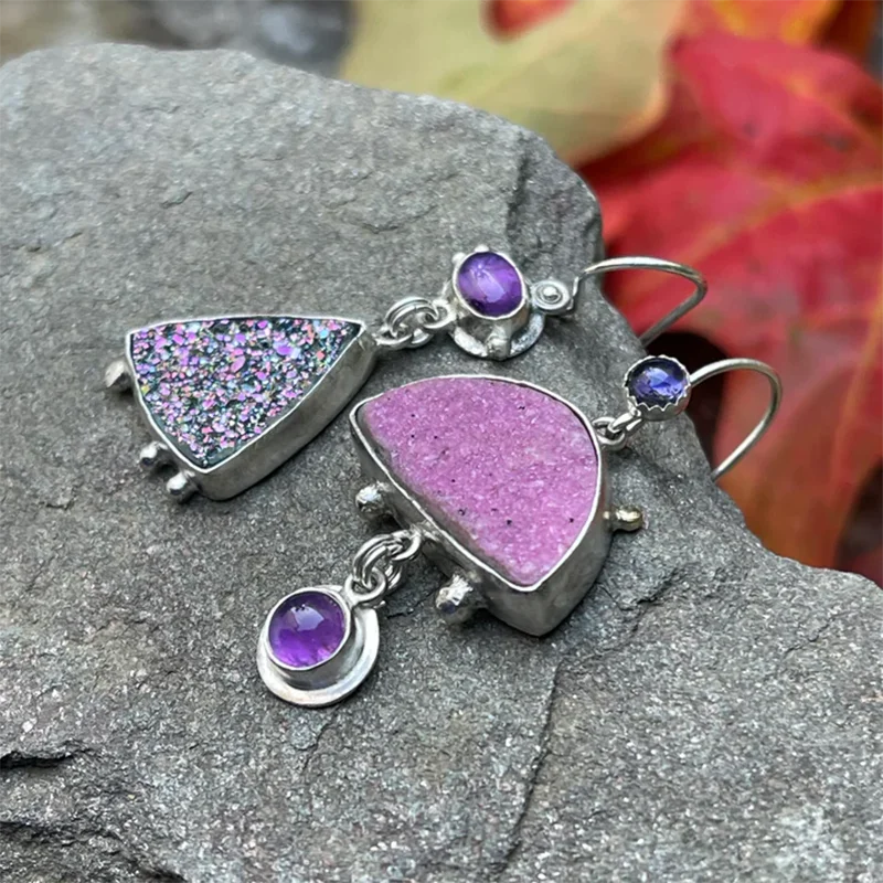 Exquisite Shiny Enamel Purple Stone Earrings New Fashion Jewelry Silver Color Statement Wedding Earrings Gift For Ladies