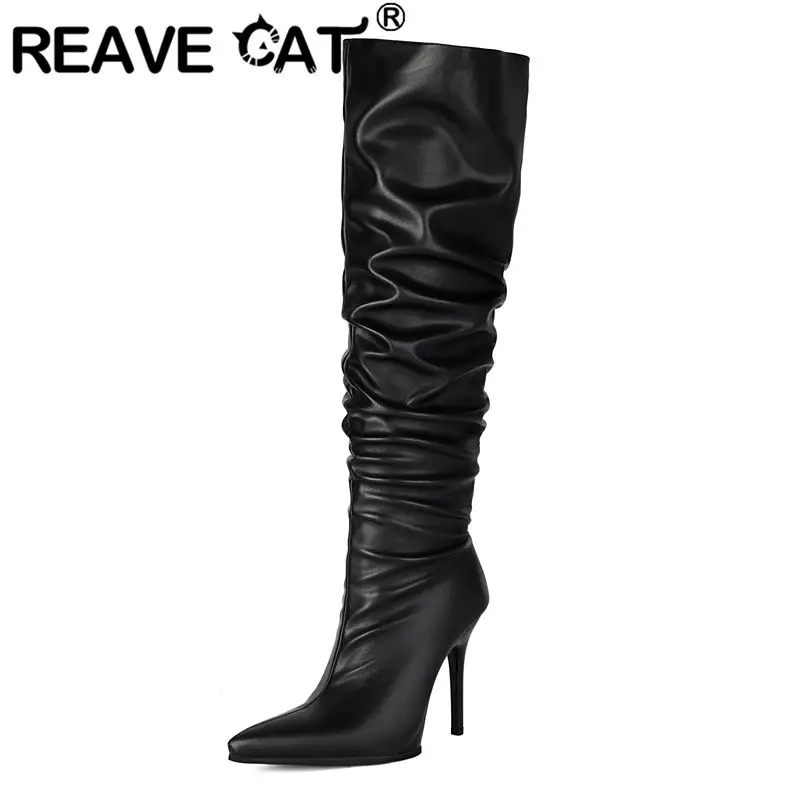 

REAVE CAT Sexy Women Thigh Boots Pointed Toe 11cm Stiletto Zipper Pleated Large Size 40 41 Dating Party Over Knee High Booties