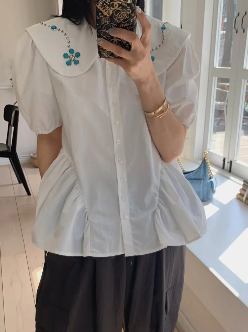 

Faionable Chic Doll Collar Bubble Sve irt Women's Summer 2025 irt Ele Age-Defng Beaded Top for Ladies