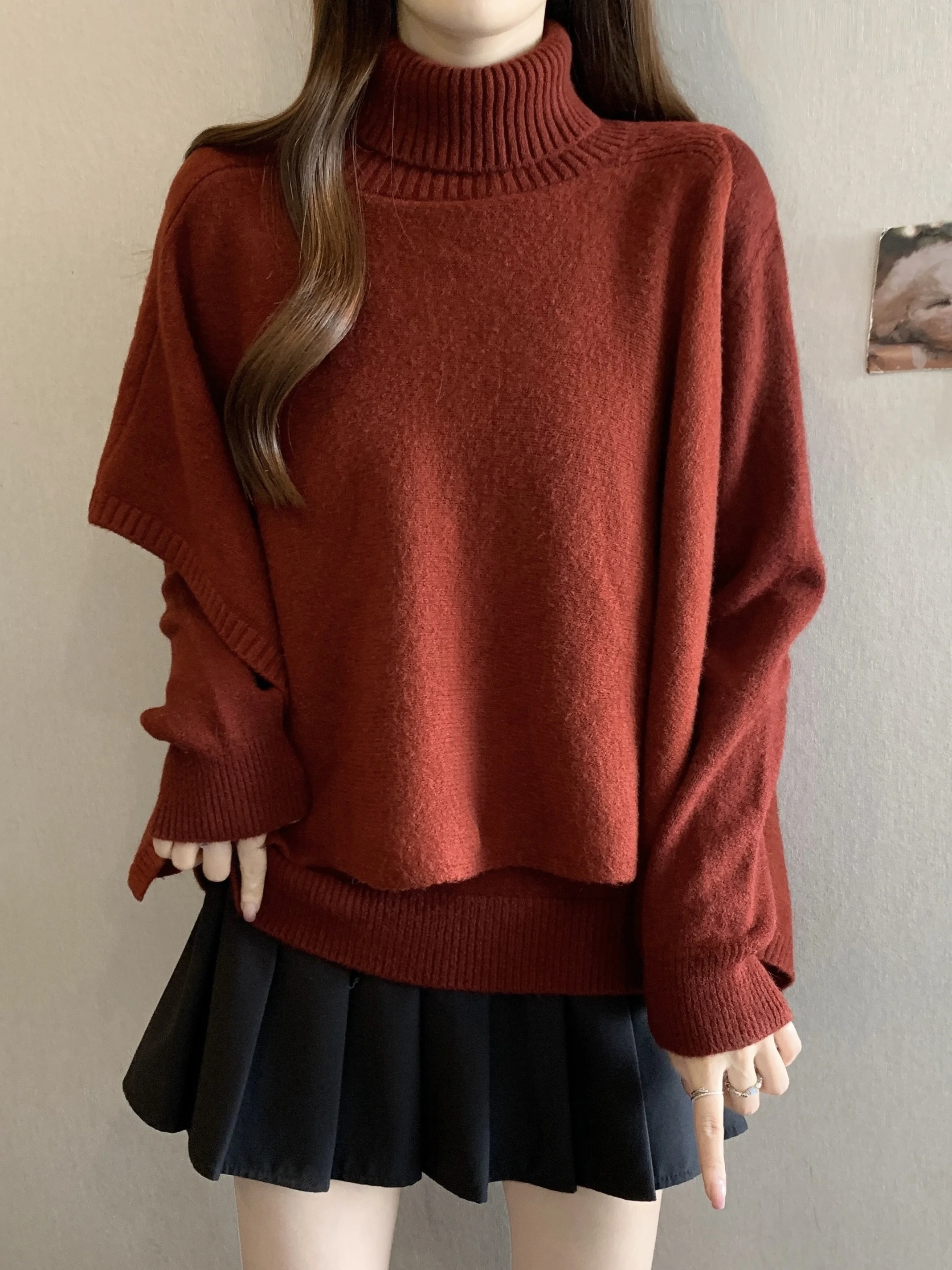 

Red High Collar Knitted Sweater V-Ne Base Layer Coat Two-Piece Set Women Winter plus Size Faionable Casual Outfit