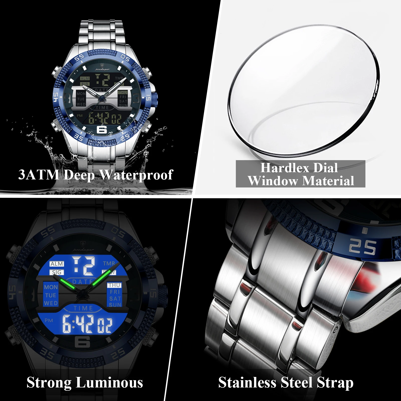 POEDAGAR Orologio da uomo di marca di lusso Impermeabile LED Settimana Data Orologio da uomo al quarzo moda Orologi da uomo elettronici digitali sportivi alla moda