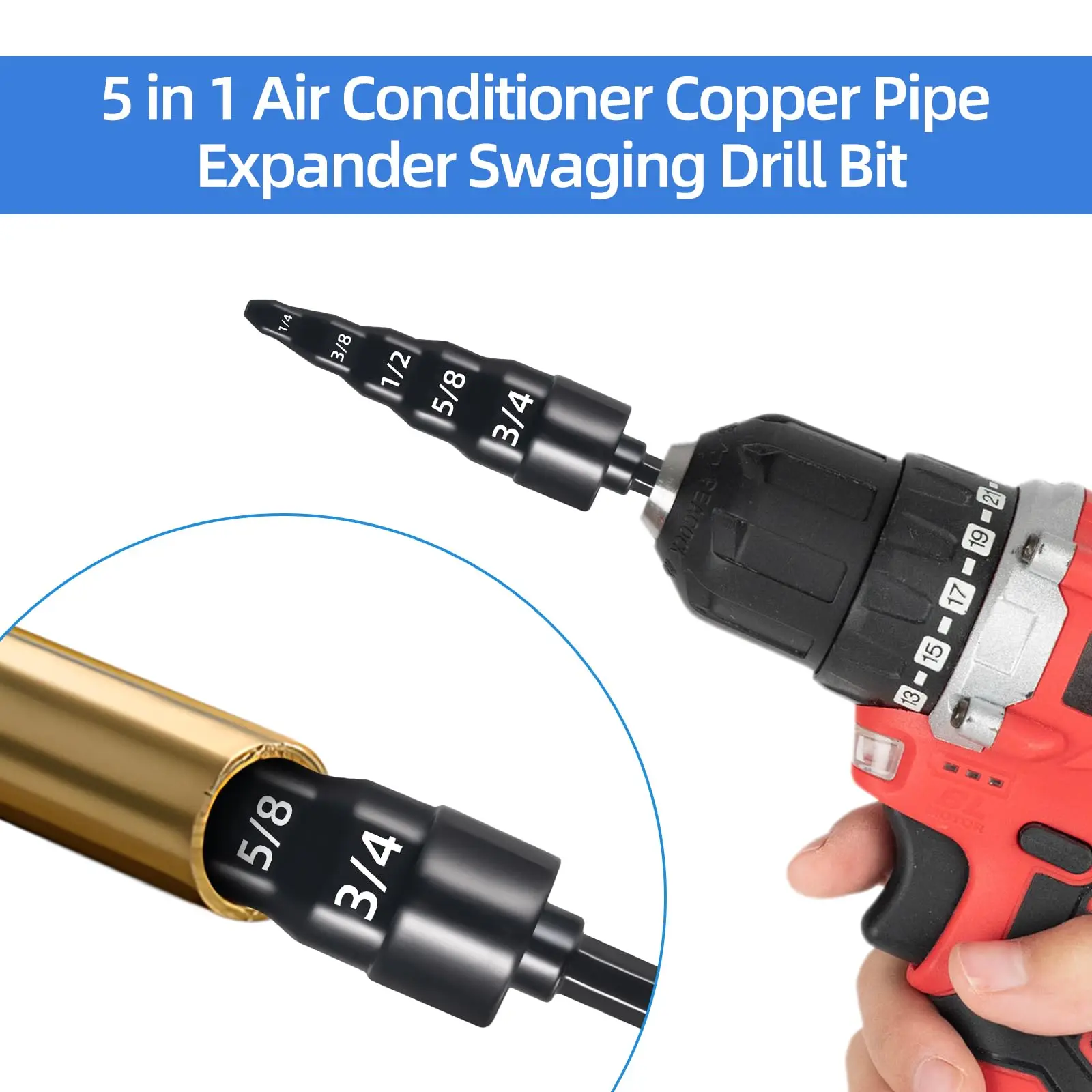 Swaging เครื่องมือ 5 in 1 Air Conditioner ท่อทองแดง Expander Swaging เจาะชุด Bit Hex Shank, 1/4, 3/8, 1/2, 5/8, 3/4 Bits