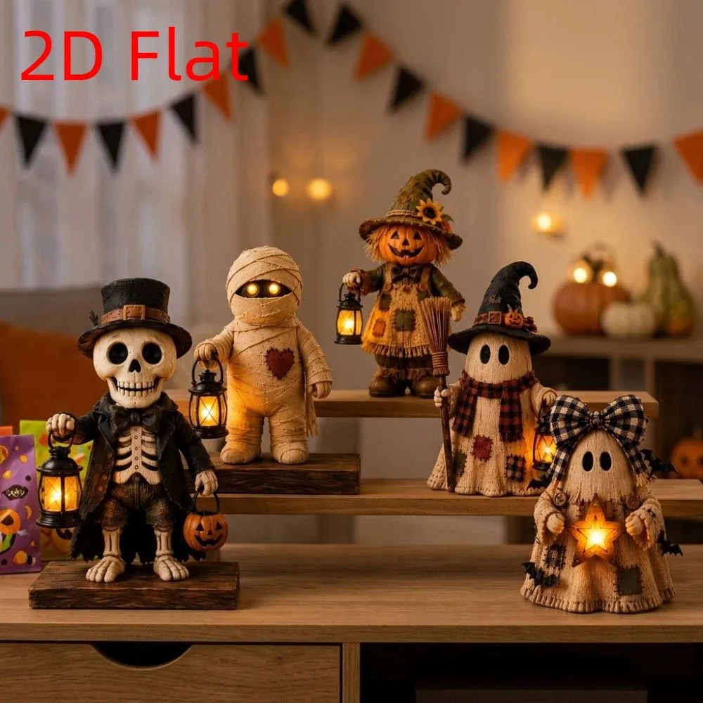 2D Flat Halloween Wooden Lantern Ghost Figurine Double-Sided Print Sturdy Base Mummy Pumpkin Scarecrow Statue Fade-Resistant