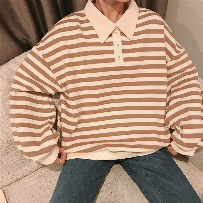 T-shirts Women 3XL Tops Leisure Simple Teens Retro Striped All-match Cozy Soft Warm Korean Style Fashion Autumn Tees Long Sleeve