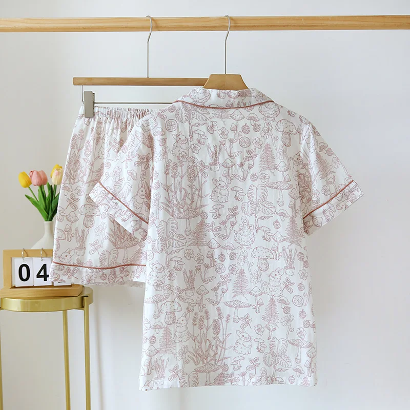 2024 New Women's Pajama Set All Cotton Double Layer Gauze Ladies Super Breathable Short Sleeve Shorts Two Piece Home Suit
