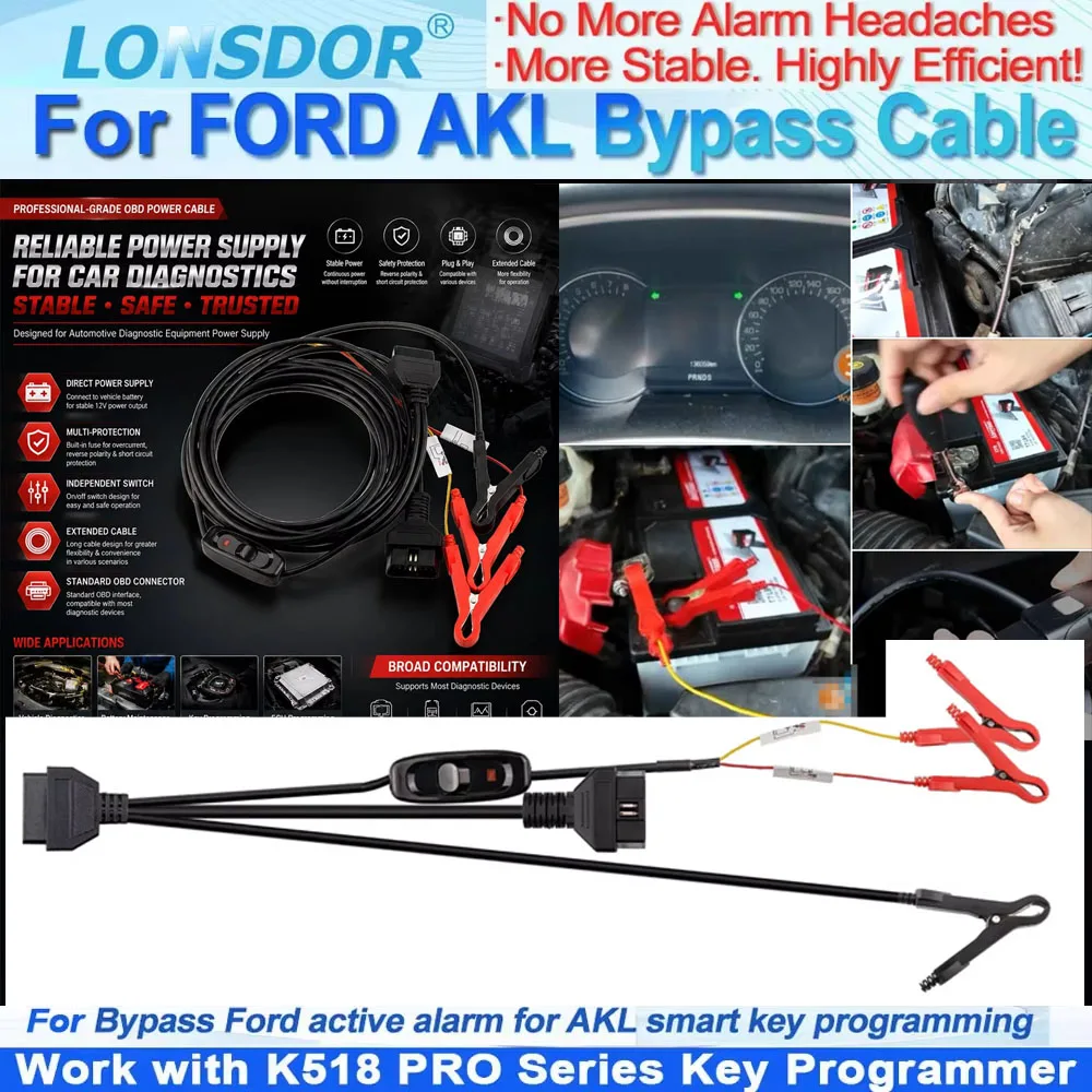 NEW Lonsdor For Ford AKL Bypass Cable For Ford/Lincoln Support Bypass Alarm All Key Lost work with K518 Pro K518 Series Key Tool