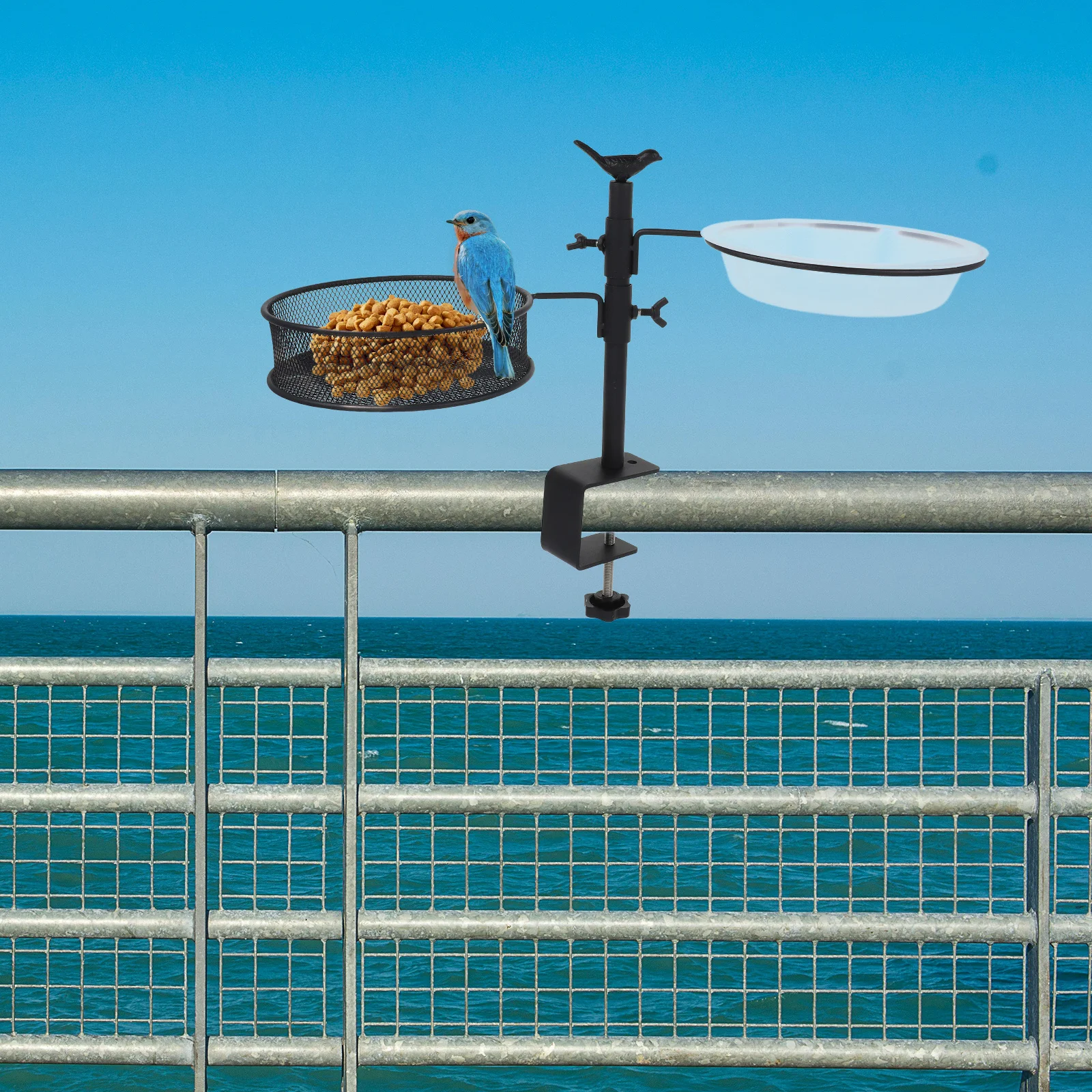 

Deck Bird Feeder Stand with Detachable Mesh Tray and Hanging Bird Bath Bowl for Railing Mounted Outdoor Feeding Bathing Solution