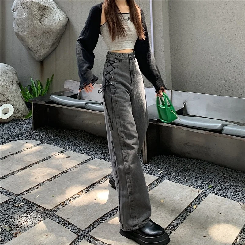 Grau Jeans frauen Hohe Taille Hosen High Street Ins Mode Design Bandage Punk Hosen Herbst 2022 Neue Stil Breite bein Hosen