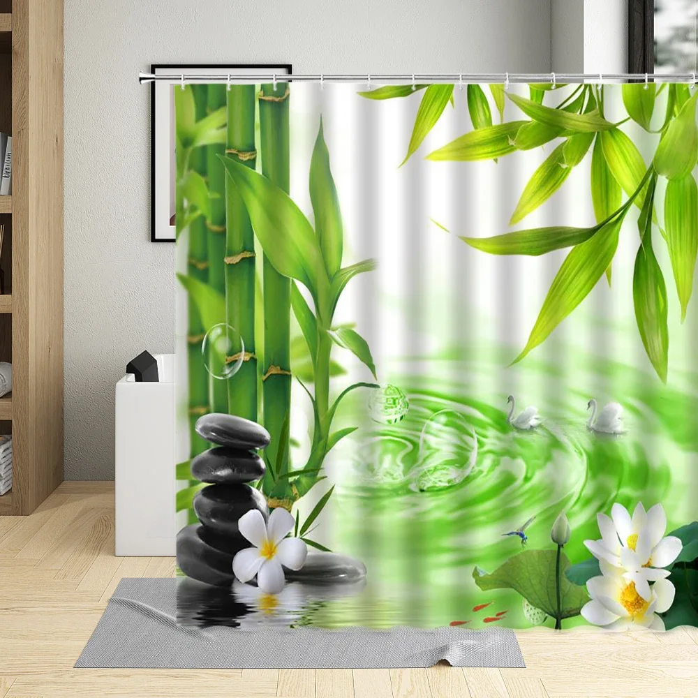 Vintage Buddha Zen Shower Curtains Black Stone Green Bamboo Orchid Spa Asian Bath Curtain Polyester Fabric Bathroom Decor Hooks