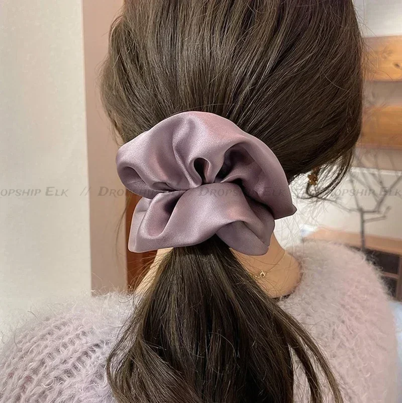 ผู้หญิงเกาหลี Big Elegant Silk Elastics ผมวงซาตินสีทึบ Scrunchies ผม TIES สุภาพสตรีผมหางม้าถืออุปกรณ์เสริมผม