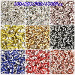 Wholesale 100-1000Pcs 10mm Round Metal Spacer Beads Crystal Rhinestone Big Hole For Jewelry Making Handmade Accessories