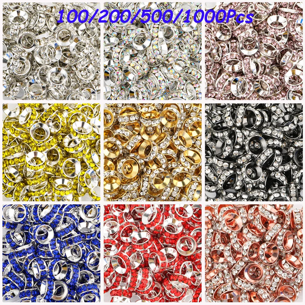 Wholesale 100-1000Pcs 10mm Round Metal Spacer Beads Crystal Rhinestone Big Hole For Jewelry Making Handmade Accessories