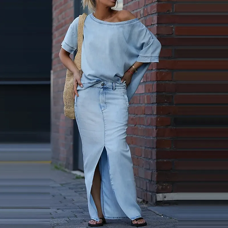 

Summer 2025 New Women's Dress Set Fashion Oversized Loose Off-the-shoulder Top+Split Skirt Fishtail Skirt 2-piece Set（Not denim）