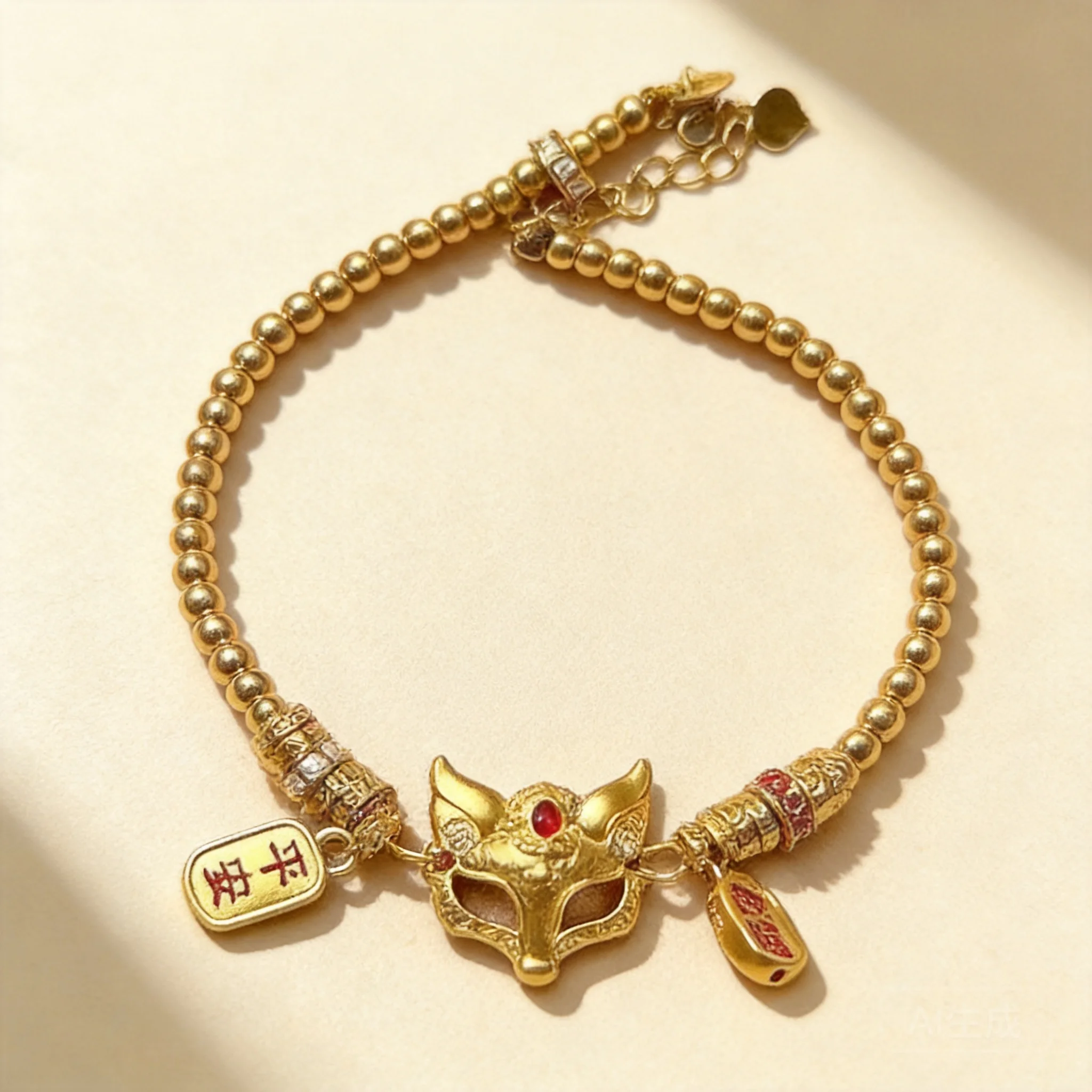 Chinese Style Lucky Blessing Gold Plated Fox Mask Beaded Bracelet Peace Fortune Adjustable Fashion Jewelry For Women Daily Wear