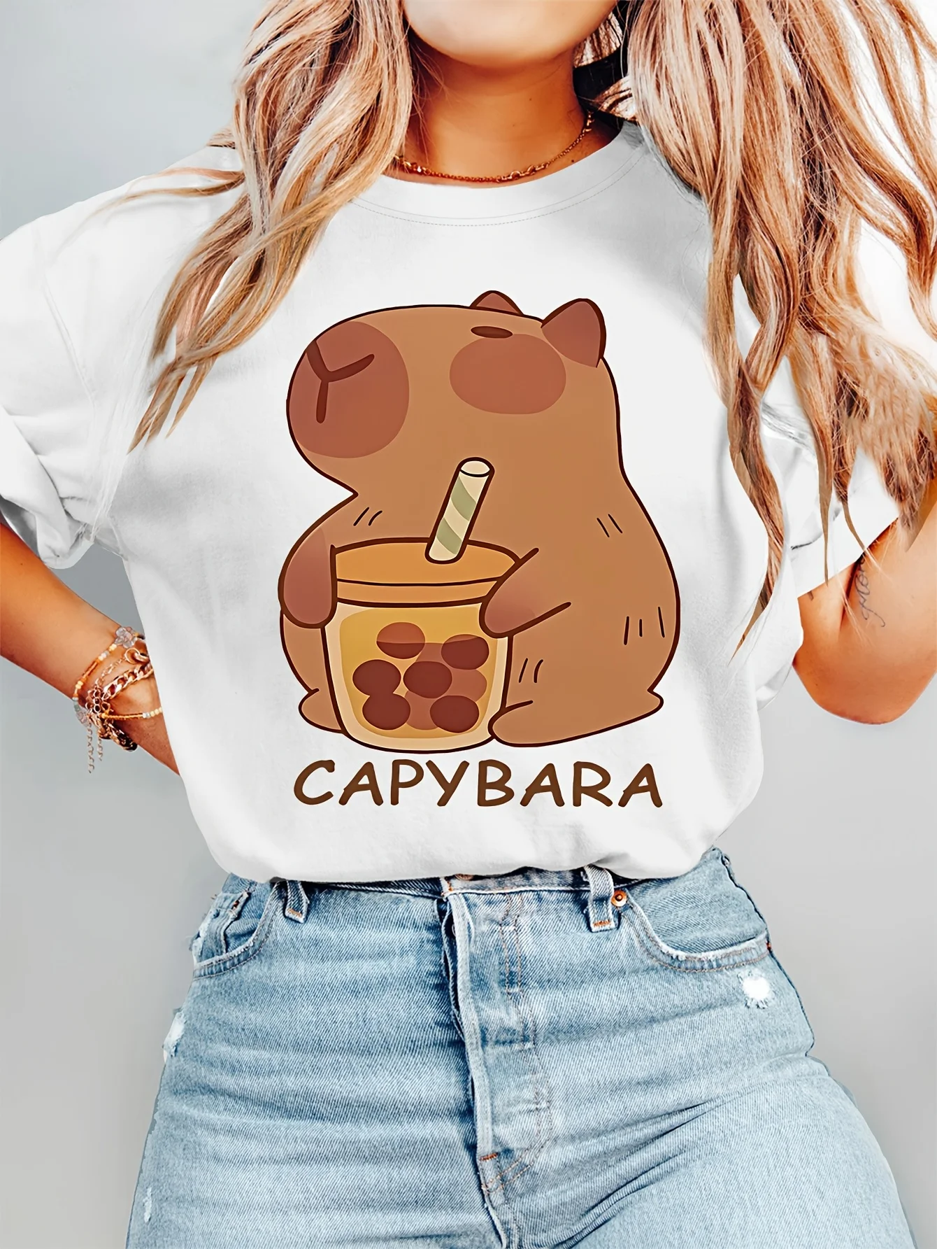 Women Crew Neck Tee Cute Capybara Holding Bubble Tea Graphic Print Short Sleeve Loose Ladies Cotton Plus Size Casual Top