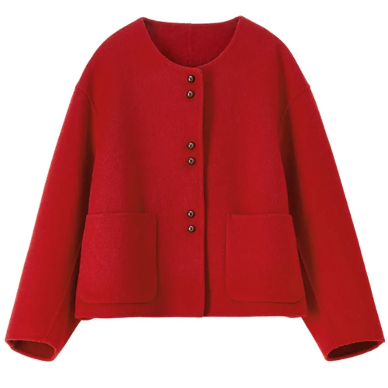 เสื้อโค้ทขนสัตว์ผู้หญิง SENTUBILA รุ่นปี 2025 สำหรับฤดูหนาว สีตัดกัน ผ้าขนสัตว์สองด้าน กระดุมเดี่ยว แฟชั่น เสื้อคลุมกันหนาว W54OG1883