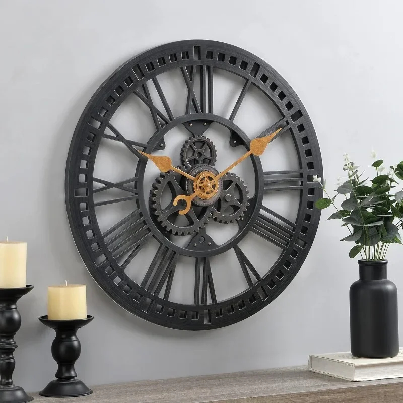 Bronze Roman Gear Wall Clock, Large Vintage Decor for Living Room, Home Office, Round, Plastic, Farmhouse, 24 Inches