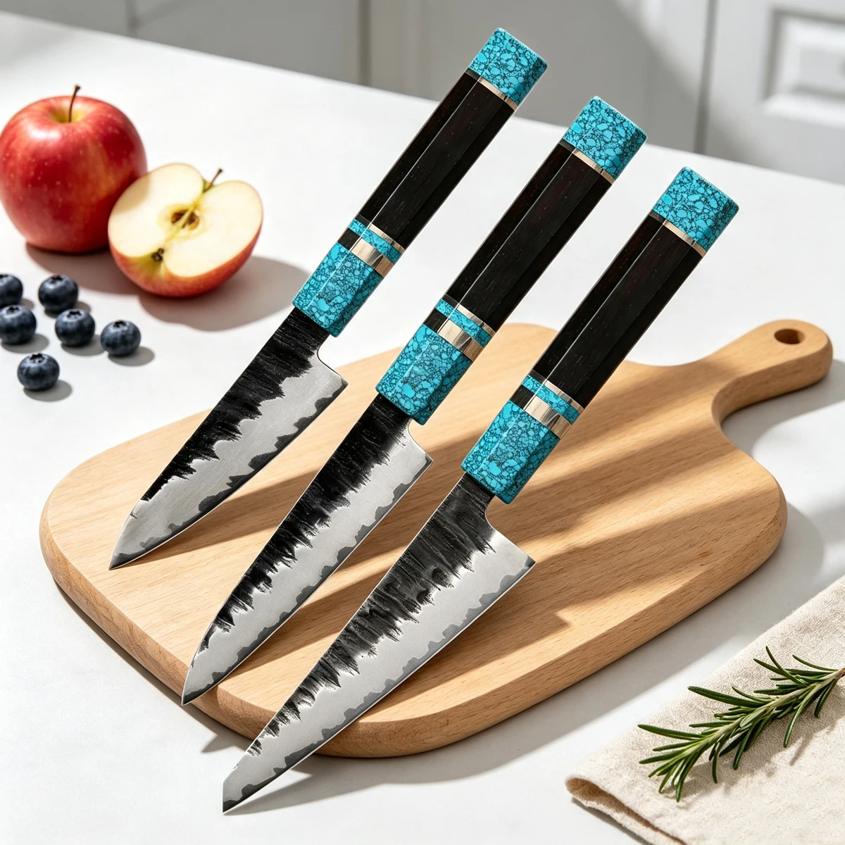 3PCS Kitchen Knife Sets Hand Forged 7 Layers Damascus Steel Chef Paring Knife Utility Knife Honesuki knife  Turquoise Handle