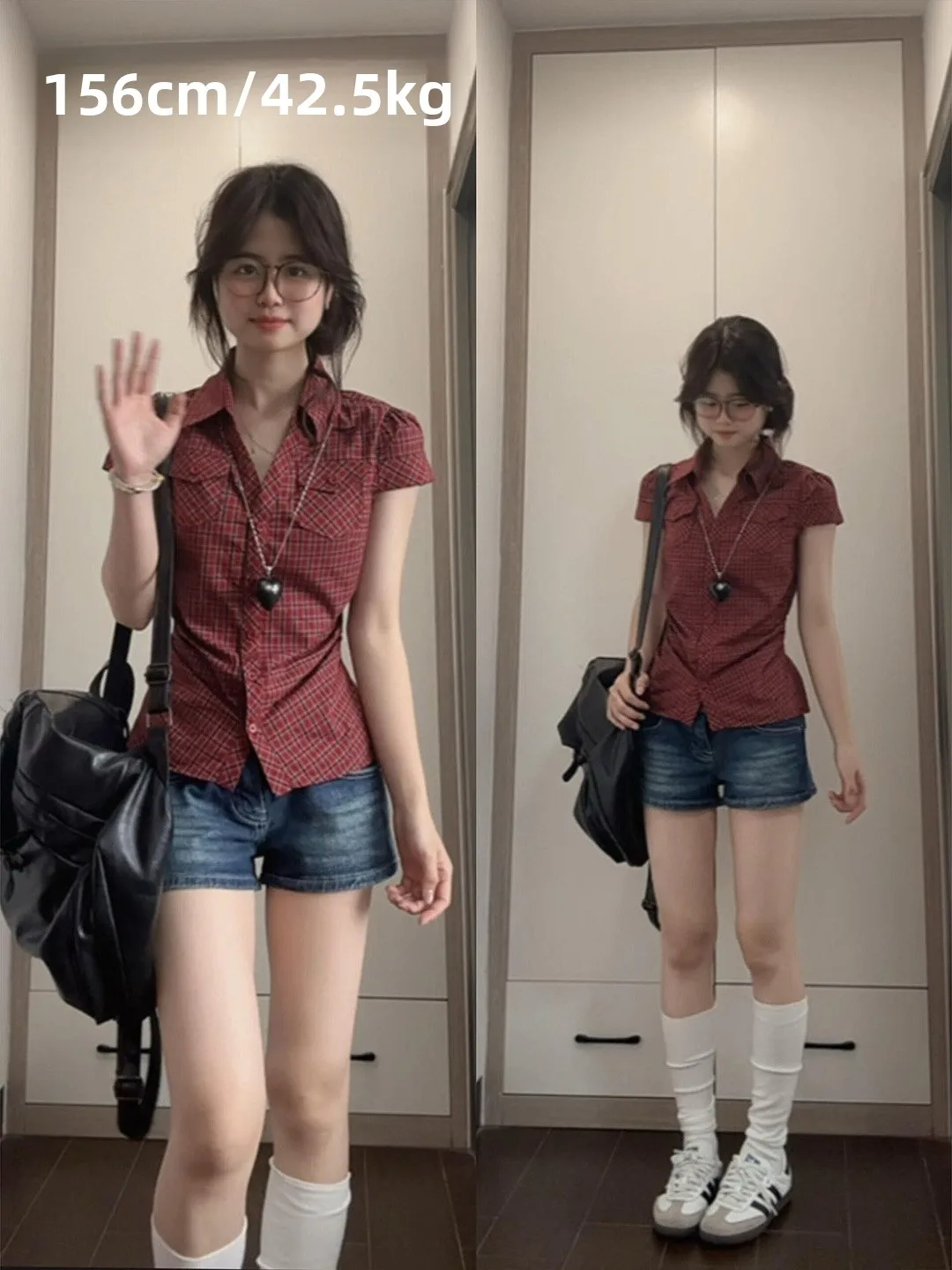 

Retro Korean Style Plaid Short Sleeve Shirt Women's Summer Slimming Pleated Waist Cinched Beautiful Small Shirt Collar