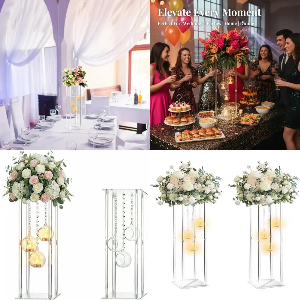 

24-дюймовые прозрачные акриловые подставки для ваз для свадебных композиций с подвесными стеклянными подсвечниками для чайных свечей