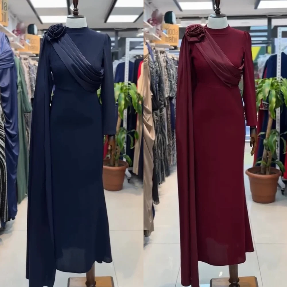 Sukienki na zamówienie w nowoczesnym stylu, z plisami jersey, kwiatowym zdobieniem, o kroju trąbki, z dekoltem typu O, długie, na specjalne okazje, dla gwiazd, wykwintne, formalne.