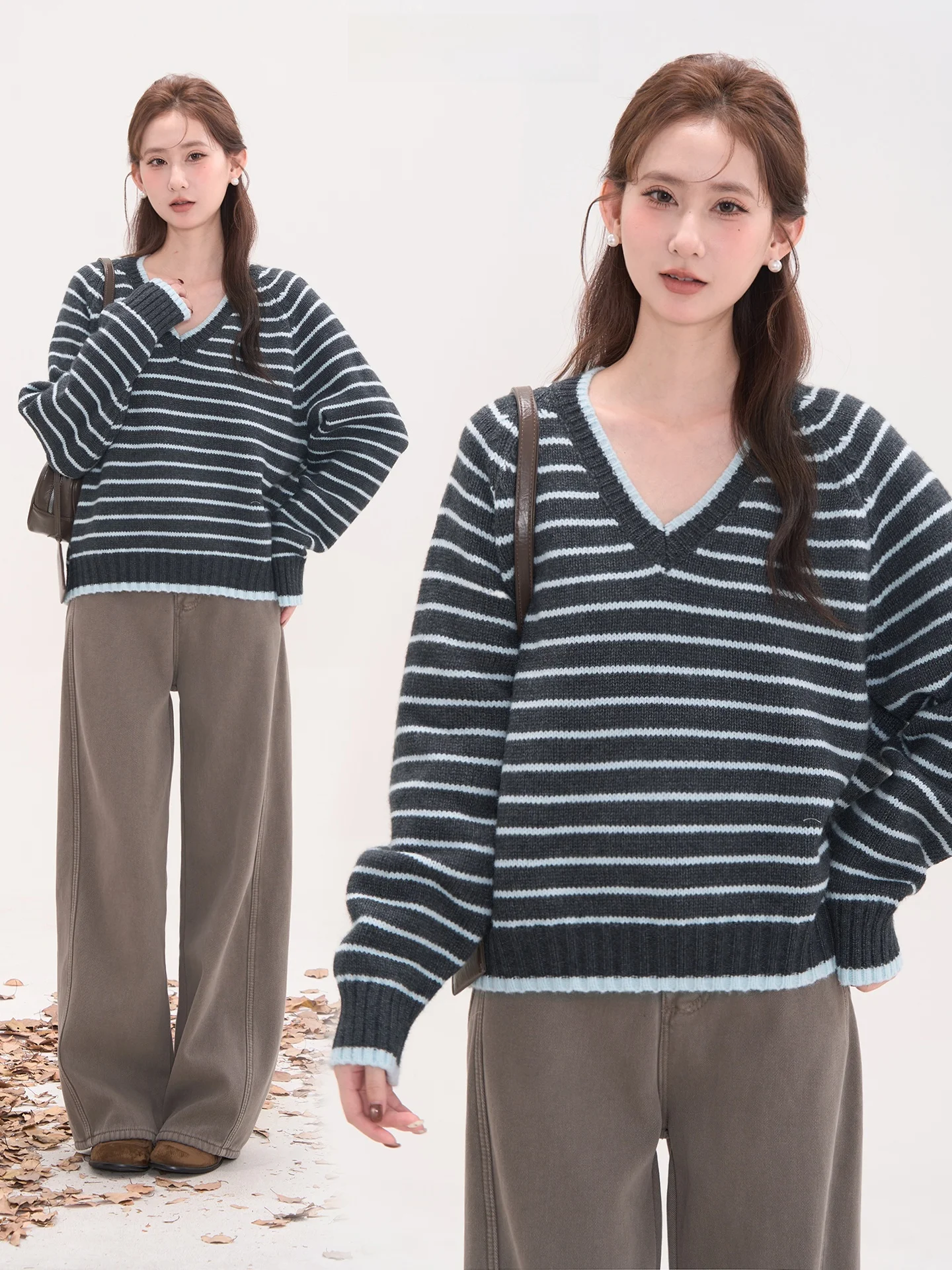 

Женский универсальный осенний свитер с V-образным вырезом и полосками, модный, для повседневной носки, с длинными рукавами, теплый, из смесового полиэстера