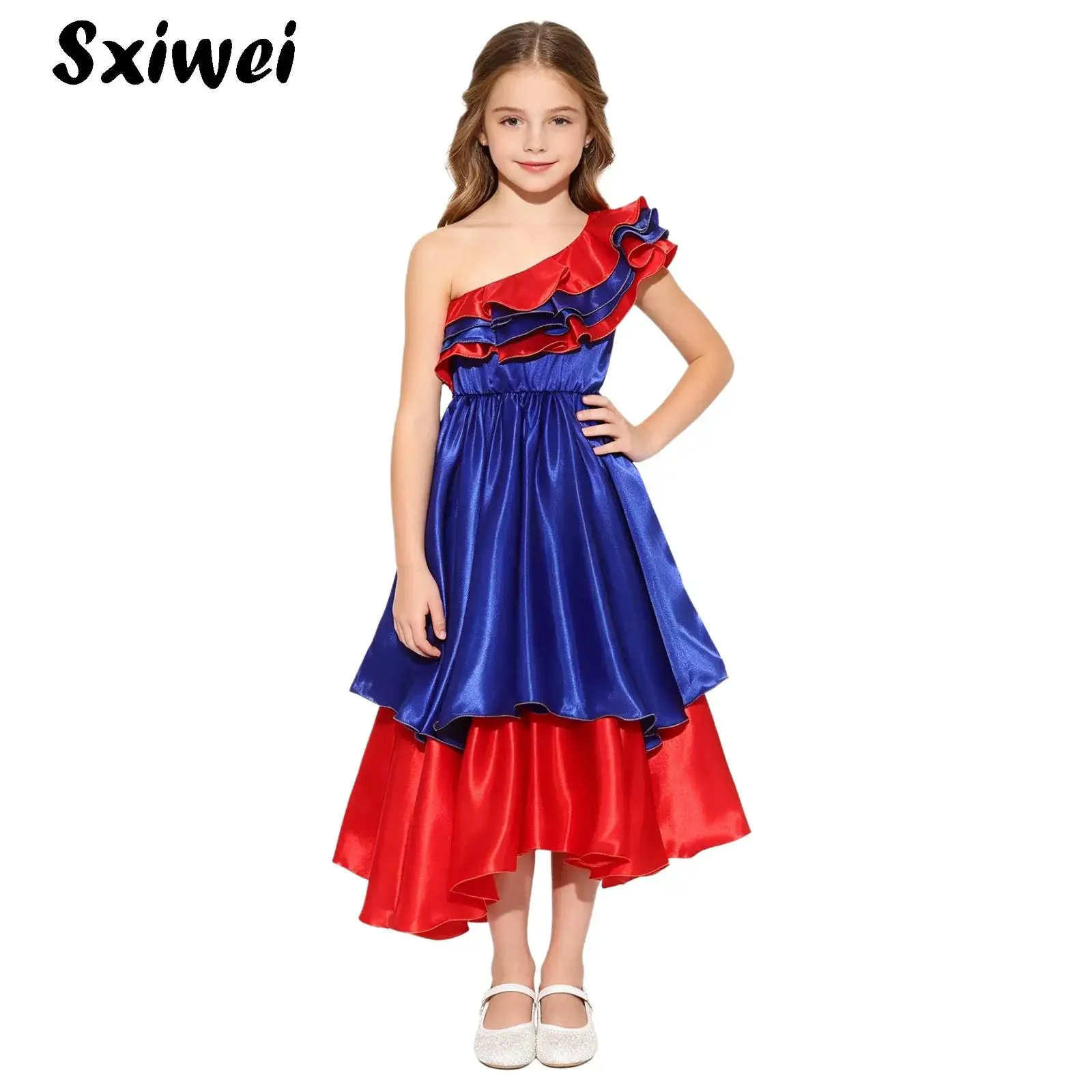 Girls Spanish Flamenco Dance Costume One-shoulder Ruffled Dance Dress Ethnic Mexican Halloween Brazilian Rumba Samba Dancewear