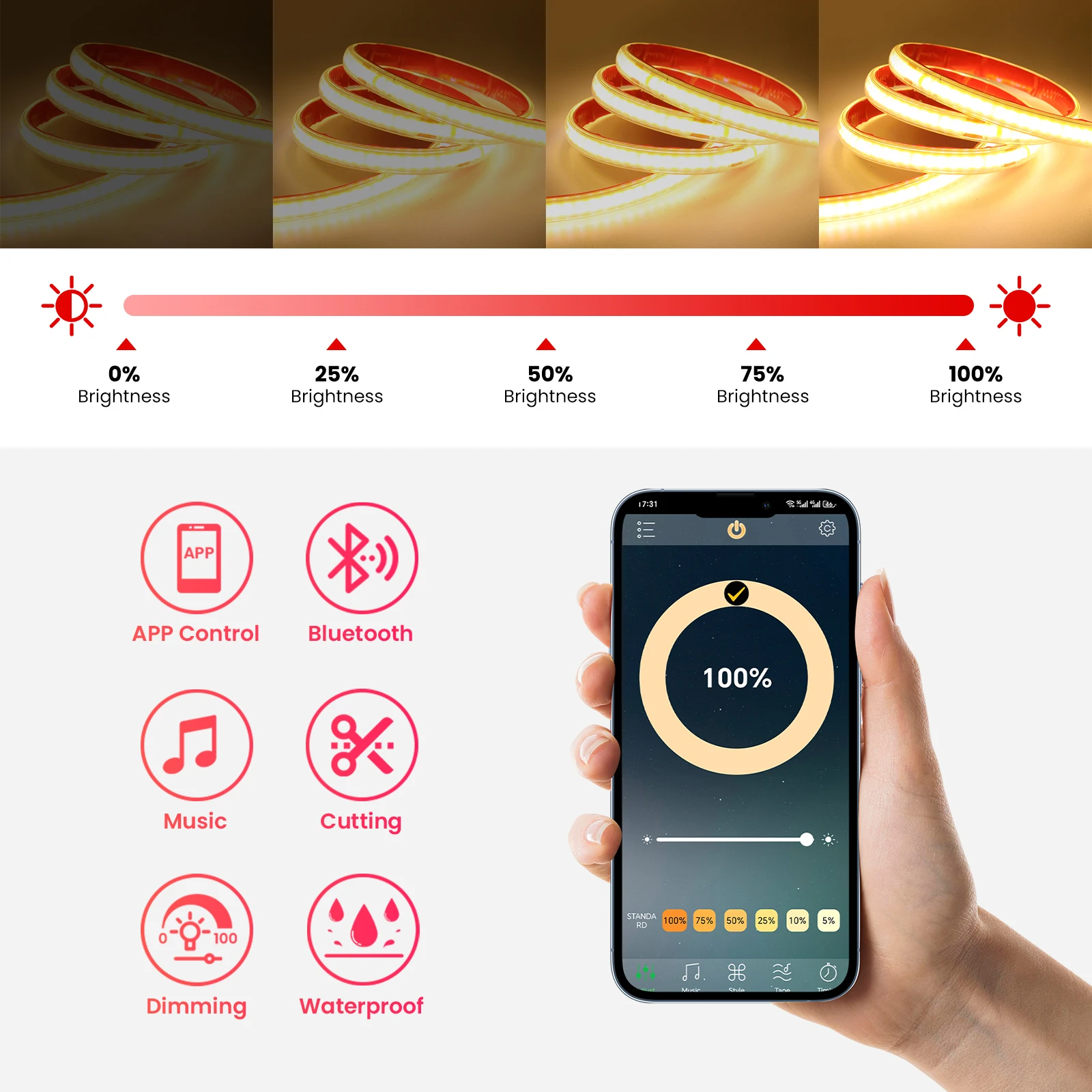 220V Dimmable COB LED Strip Light Waterproof 240Leds/M Adhesive Tape Ribbon with Bluetooth App 23Key Remote Control Power Kit