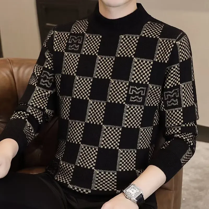 Checkered sweater for men's autumn and winter new fashion brand jacquard knitted sweater with half high collar and bottom