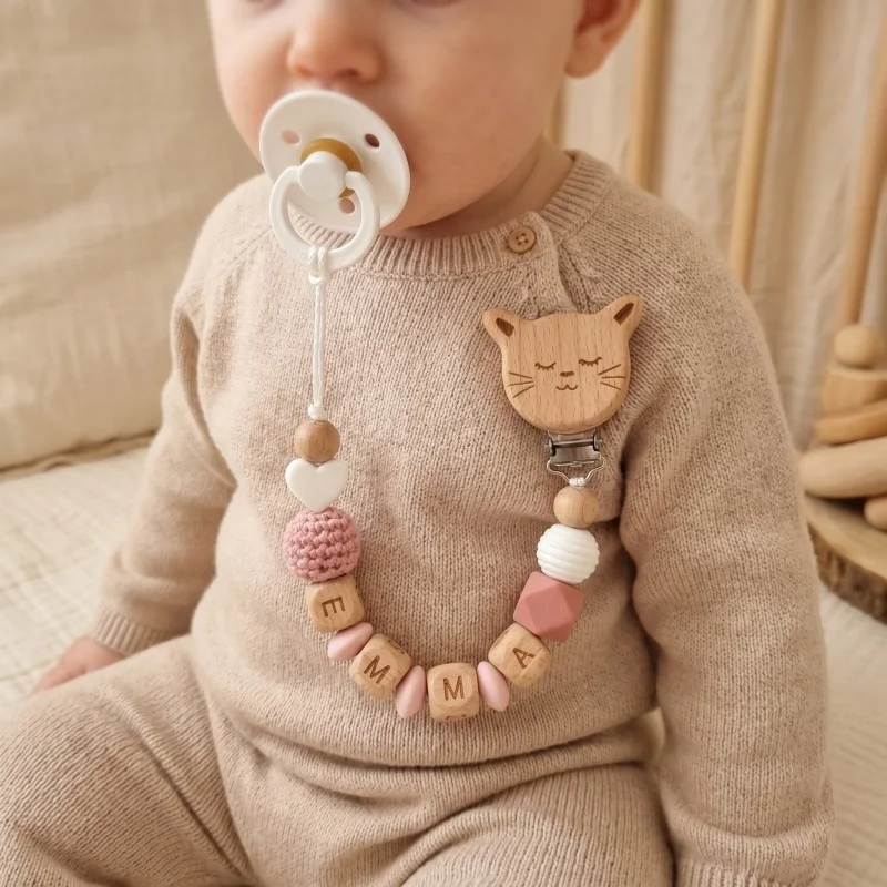 

Personalized Pacifier Clip Custom Name Baby Teether Holder BPA Free Silicone Beads Wood Cat Dummy Chain Soother Clip Shower Gift