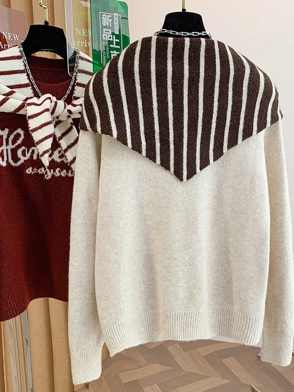 Laid-ba Korean Sle round Ne Striped oulder Wrap Knitted Sweater plus Size Layering Hoodie Casual Loose Fit Long Sve