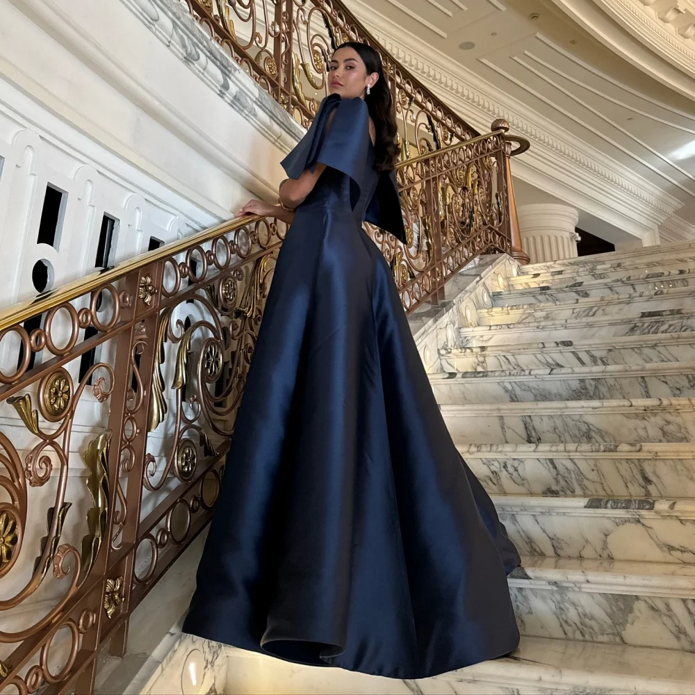 Bella Customized Navy Blue A-line With a Shawl robes de soirée Satin Evening Dresses Floor-Length Prom Party Wedding Dress 2024