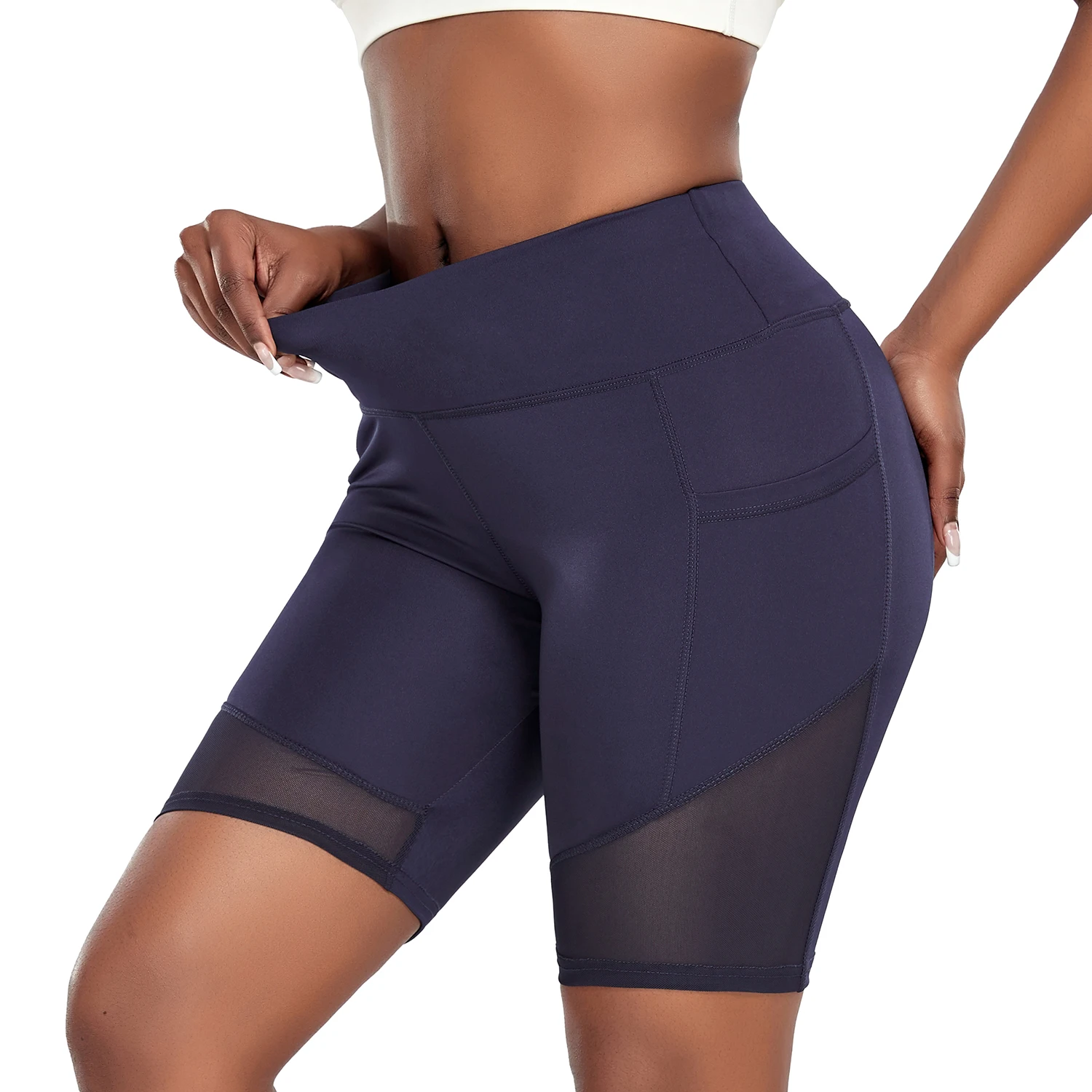 Mesh Splice Side Phone Pocket Shorts Fitness Women\'s High Waist Biker Tummy Control Yoga Running Workout leggings Gym Tights New