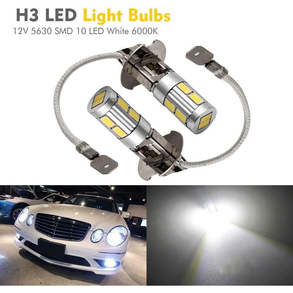 2pcs H3 LED Fog Light Bulbs Headlight Super Bright 6000K 10Leds White Light Auto Lamp for Car Track